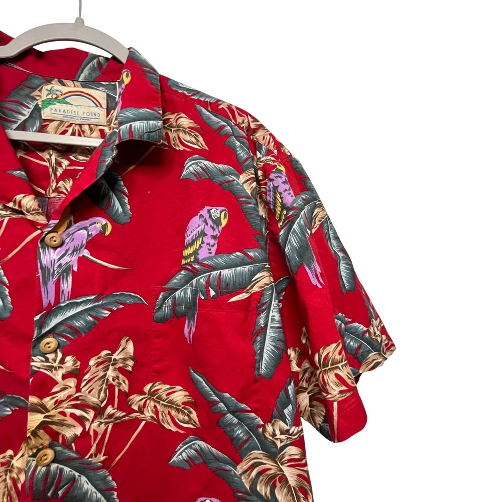 Paradise Found Shirt Mens XL Red Parrot Hawaiian Cotton‎ Camp Magnum PI Beach
